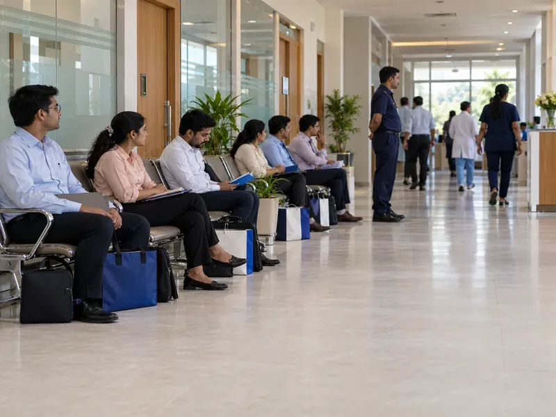 Medical representatives with sample bags waiting on chairs outside a doctors' block while a guard stands nearby