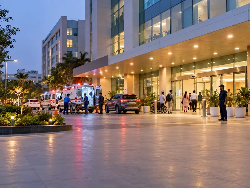 The entrance of a large multi-speciality hospital at dusk with ambulances, a drop-off porch and a guard
