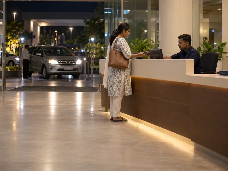A visitor at a hospital entrance desk at night with a single staff member on duty and a car at the porch