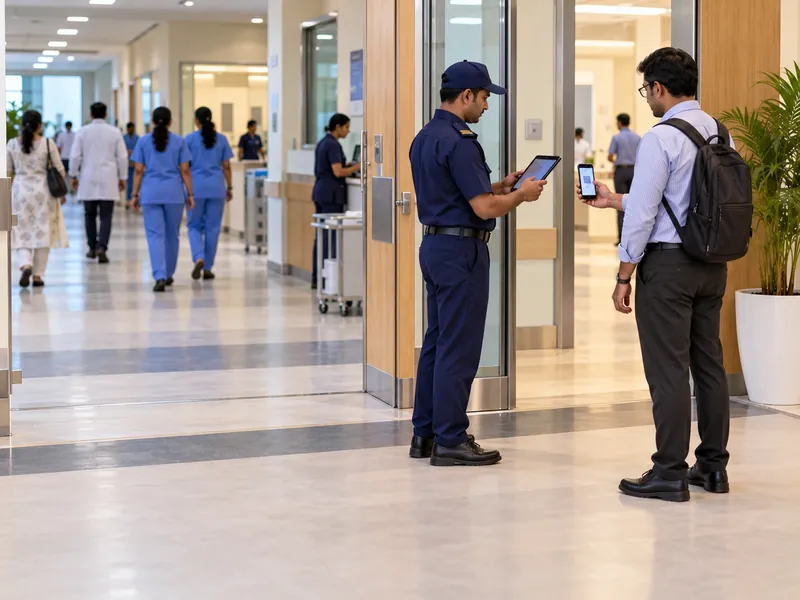A visitor showing a QR pass on his phone to a guard with a tablet at a hospital ward entrance