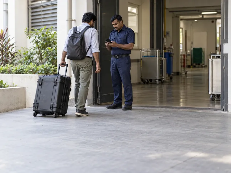 A biomedical vendor wheeling an equipment case to a hospital service entrance while a guard checks his phone