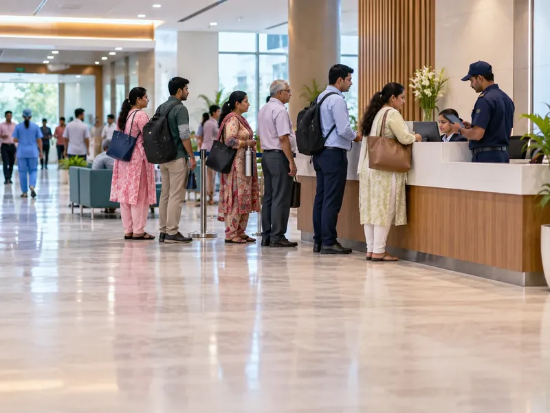Families with bags and flasks queueing at a hospital visitor desk while a receptionist and a guard check them in