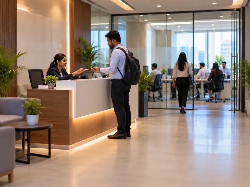 Small branch office reception where a receptionist hands a visitor a pass, with the open workspace behind a glass door