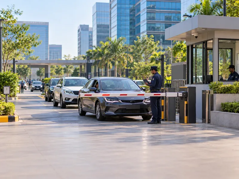 Security guard with a tablet at a boom barrier checking a car at the vehicle entrance of an IT park, with glass office towers behind