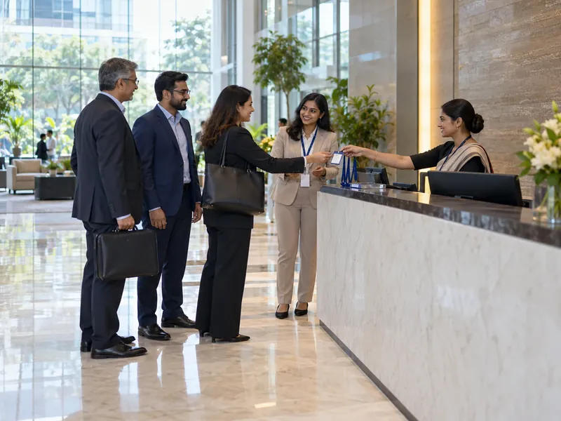 A client delegation being greeted by a host employee with a lanyard while a receptionist hands over visitor badges