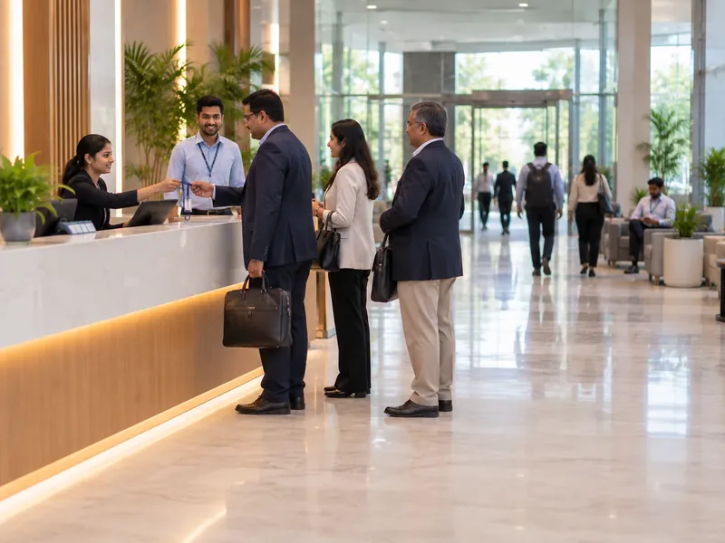Receptionist handing a visitor badge to a client in a suit at a reception desk while his colleagues and their host wait