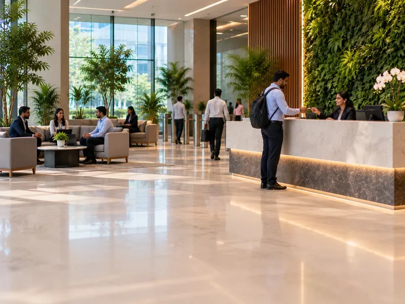 A calm corporate headquarters reception with a stone desk, a green wall and a seating area where a visitor is handed a pass