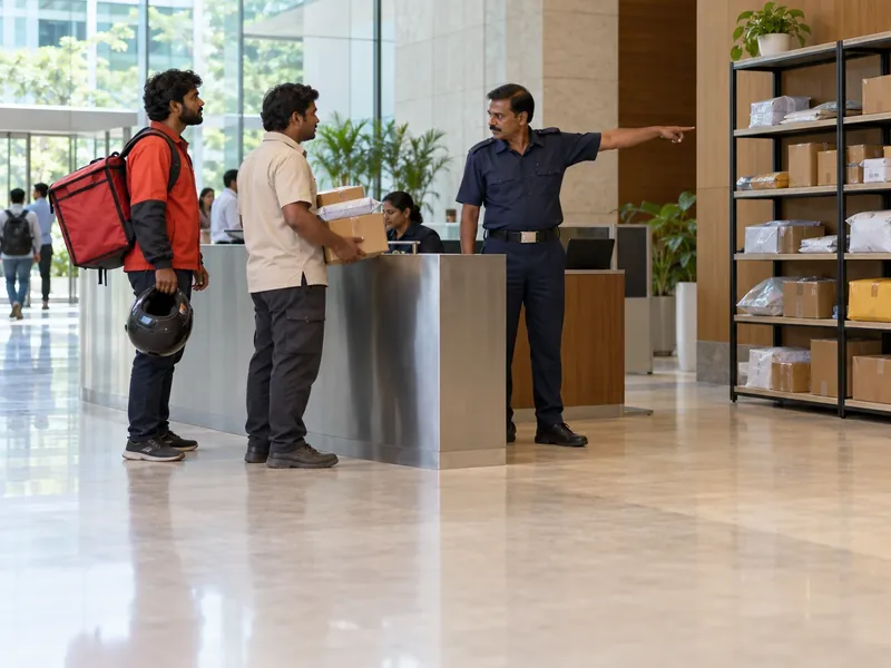 Food-delivery rider and a courier with parcels at an office lobby security desk while a guard points to a parcel shelf