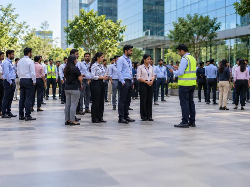 People gathered at an outdoor assembly point beside a glass building while a warden in a reflective vest checks a tablet