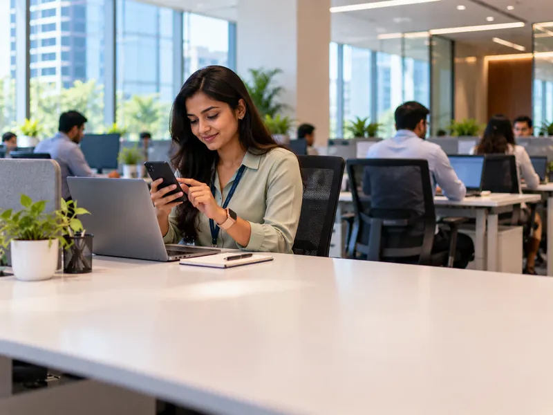 An employee at a workstation with her laptop open, smiling at a notification on her phone
