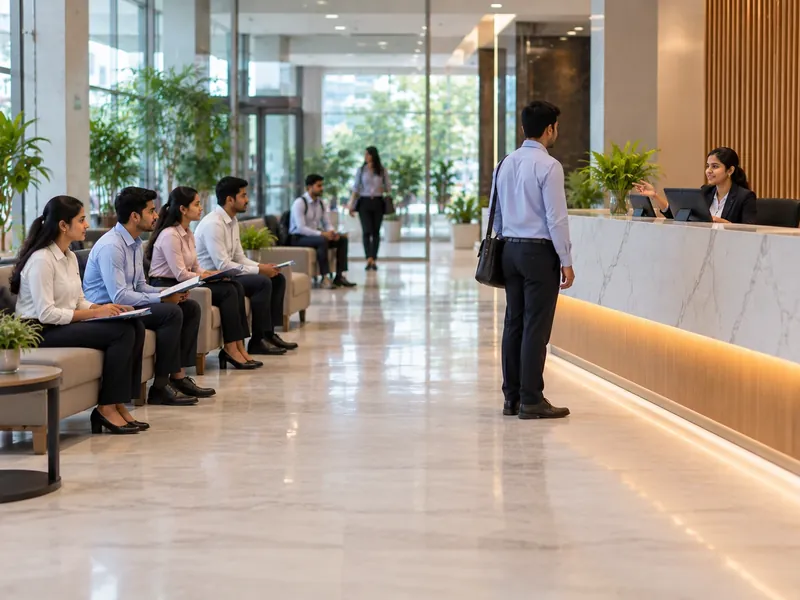 Interview candidates in formal shirts waiting with folders in office lobby seating while a receptionist speaks to one of them