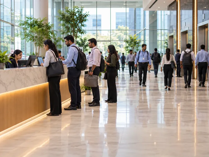 Visitors checking in at a lit reception counter while people with backpacks walk through a busy lobby