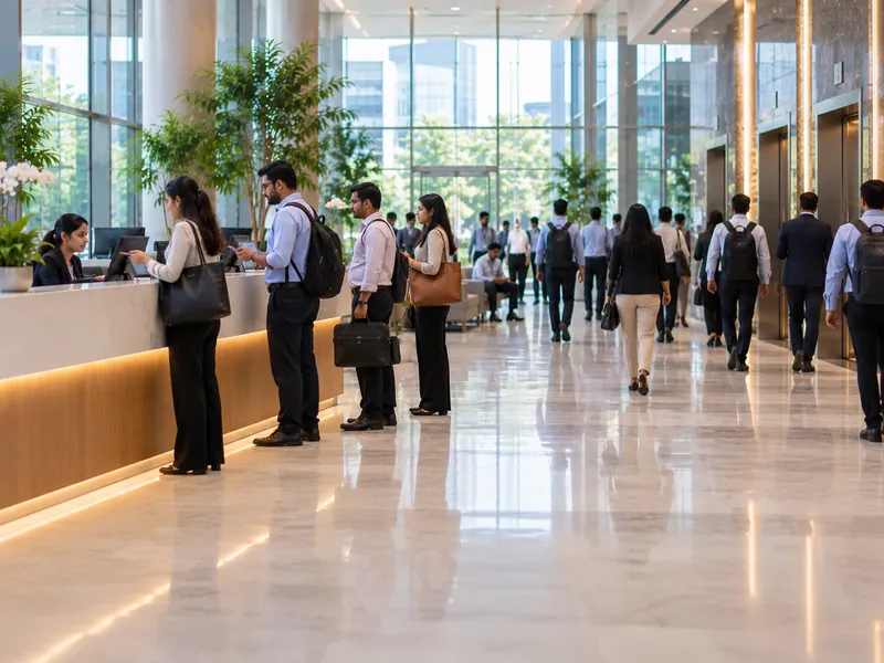 Visitors with laptop bags queueing at a long reception desk in a glass office lobby while employees walk to the lifts