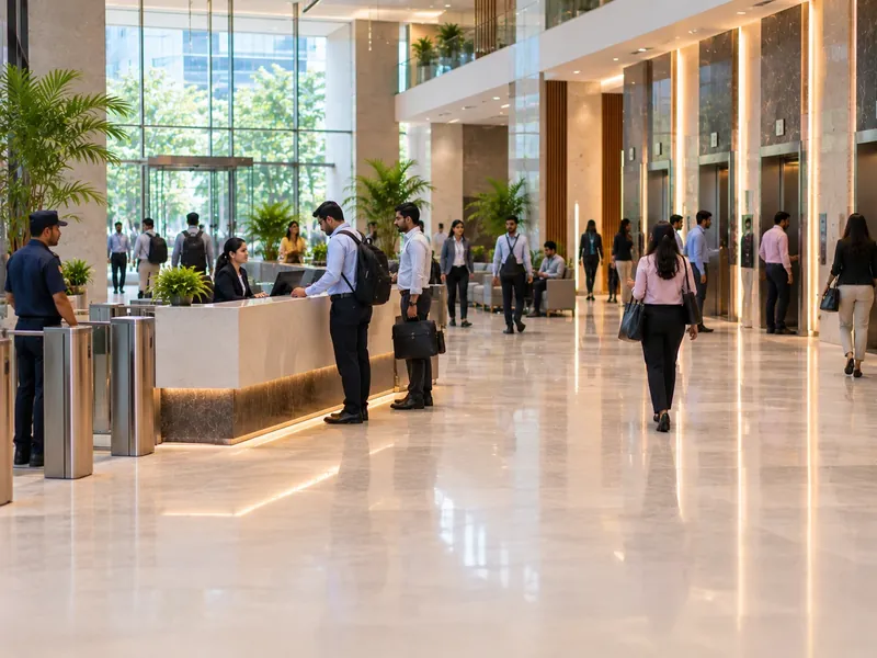 Ground-floor lobby of a multi-tenant office tower with a security desk, a guard by the gates and a bank of lifts