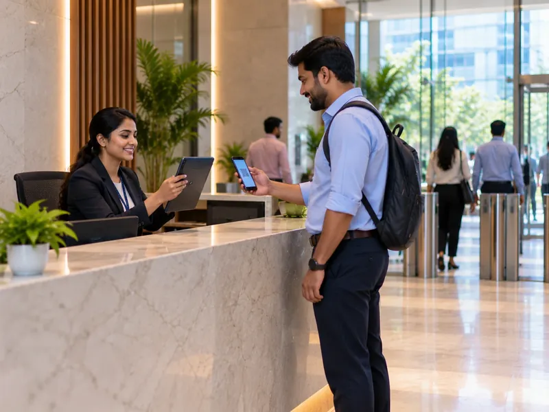 Guest showing a QR code on his phone to a receptionist who scans it with a tablet at a reception desk