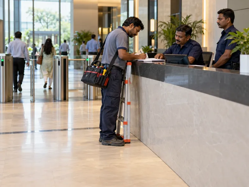 Air-conditioning technician with a tool bag and a ladder signing a paper register at a security desk