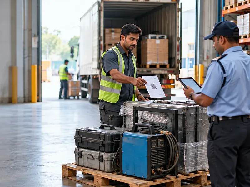 Store clerk holding out a returnable gate pass beside a pallet of tool cases while a security guard checks the items on a tablet