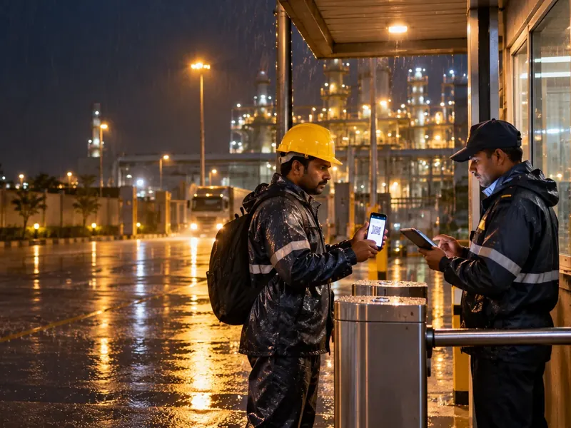 Worker in a hard hat and raincoat showing a QR pass on his phone to a guard at a plant turnstile on a rainy night