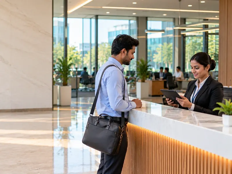 Receptionist checking in a visitor with a laptop bag on a tablet in an office lobby