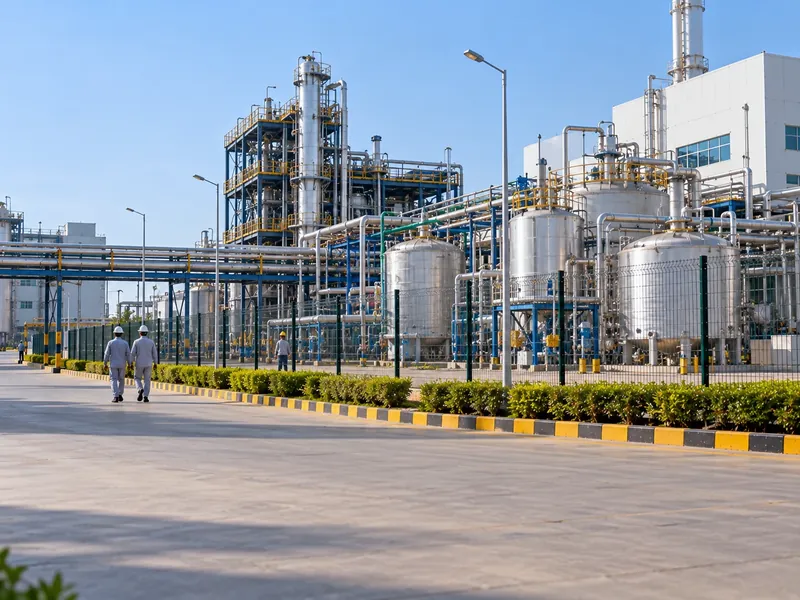 An API plant with reactors, distillation columns and pipelines behind a fence while two workers walk along the road