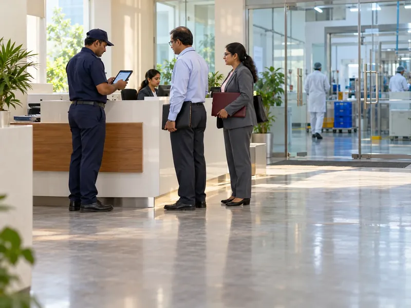 A guard checking in two auditors with folders on a tablet at a pharmaceutical plant reception, with production areas behind glass