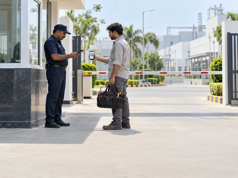 A maintenance contractor with a tool bag showing his phone to a guard at the gate of a white pharmaceutical plant