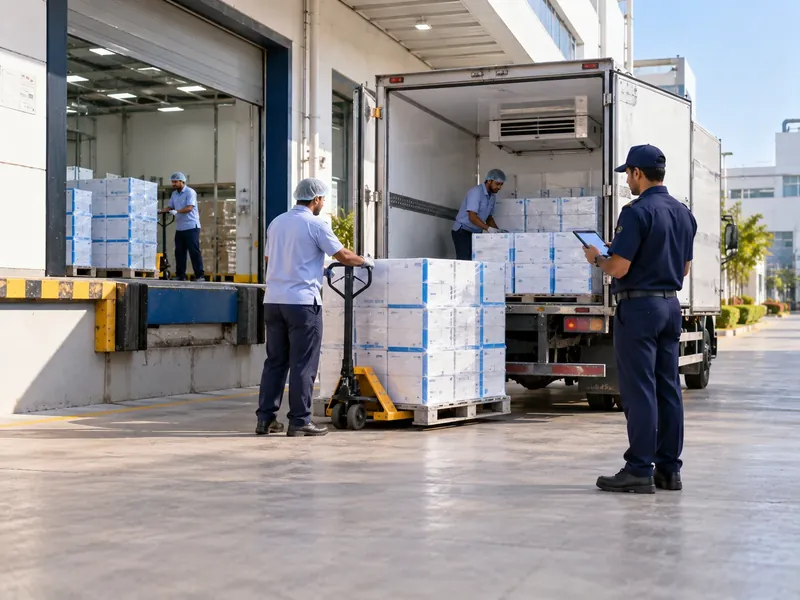 A guard with a tablet checking pallets of cartons being loaded into a refrigerated truck at a pharmaceutical dock