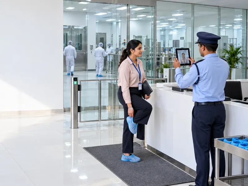 Visitor putting on shoe covers at a pharmaceutical plant entrance while a security guard photographs her on a tablet