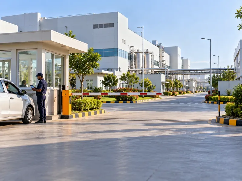 A guard with a tablet at the gated entrance of a modern white formulation plant with a boom barrier and landscaped approach
