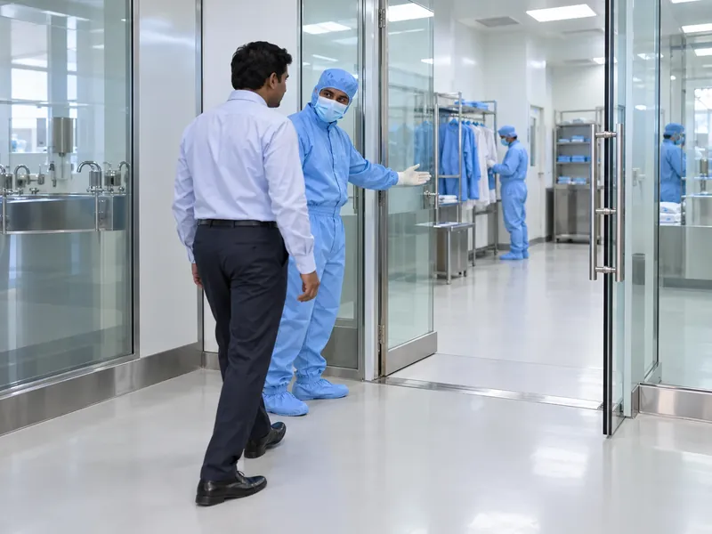 A staff member in a blue cleanroom suit guiding a visitor towards a gowning room through a glass door