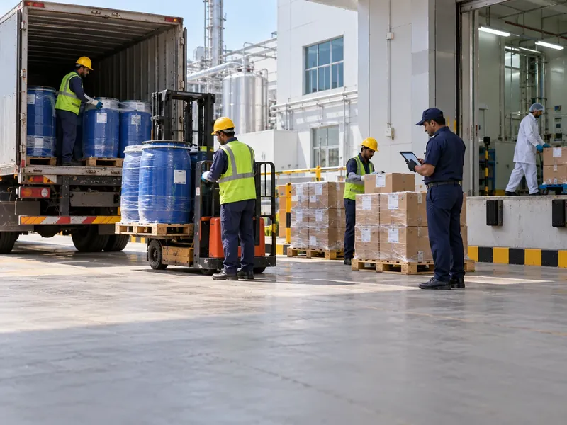Workers unloading blue drums and cartons at a pharmaceutical plant dock while a guard checks them on a tablet