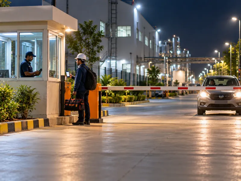 A technician in a white helmet showing his phone to a guard at a pharmaceutical plant gate cabin at night