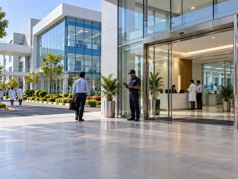 A visitor walking towards the glass entrance of a pharmaceutical R&D centre while a guard with a tablet stands by the door