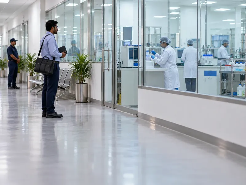 A vendor engineer with a laptop bag waiting outside a glass-walled QC laboratory corridor while a guard stands further down