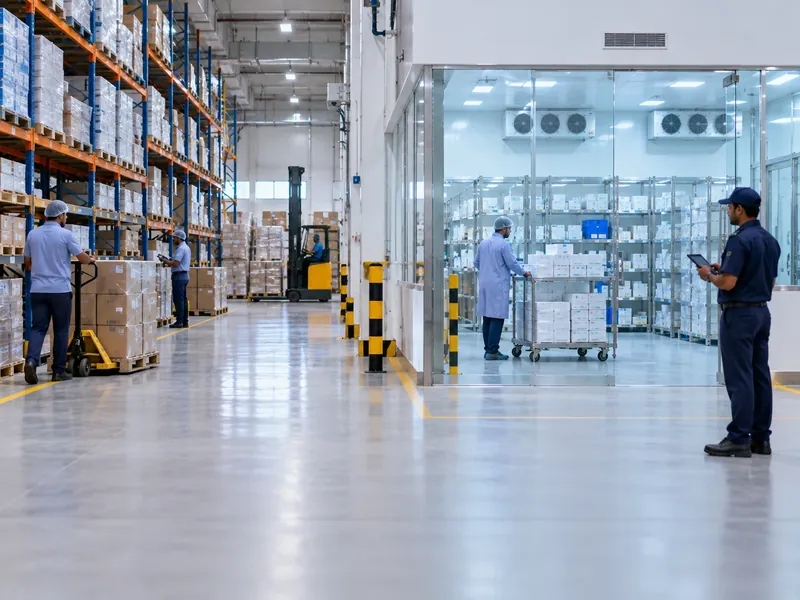 A pharmaceutical warehouse with racked cartons and a temperature-controlled room behind glass while a guard watches with a tablet