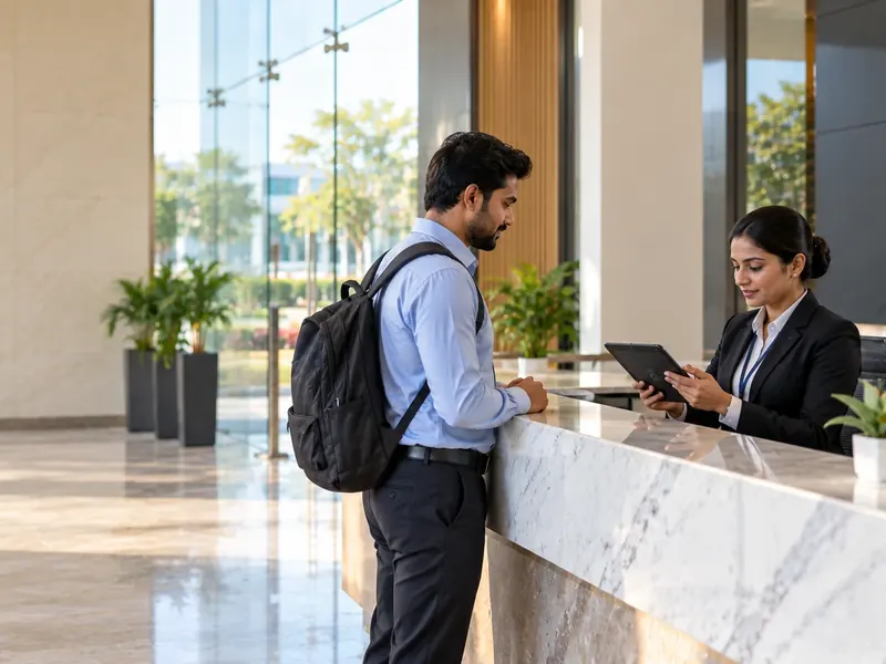 Receptionist checking in a visitor on a tablet at an office reception desk