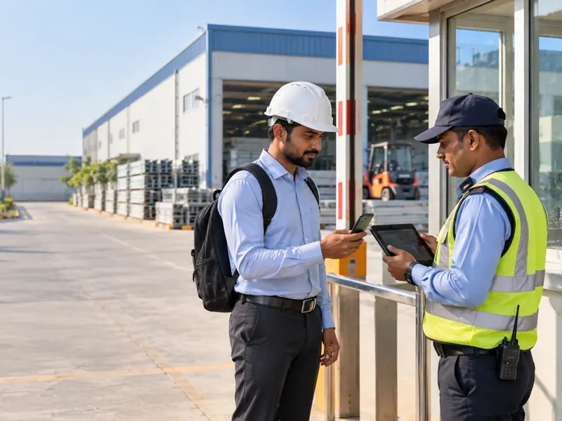 Visiting engineer in a hard hat showing his phone to a security guard with a tablet at a factory gate