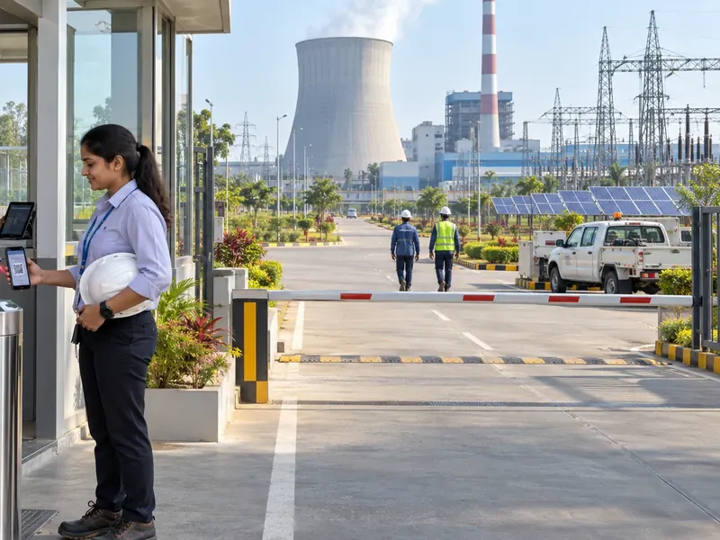 Visitor scanning a QR code with her phone at the gate cabin of a power station, holding a hard hat