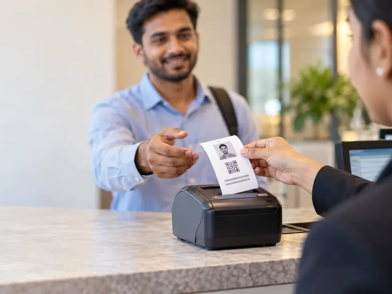 Receptionist handing a visitor a printed pass with his photo and a QR code from a desk printer