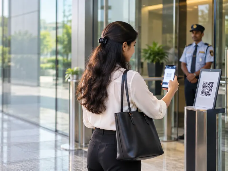 Visitor scanning the QR code on a stand with her phone at an office entrance