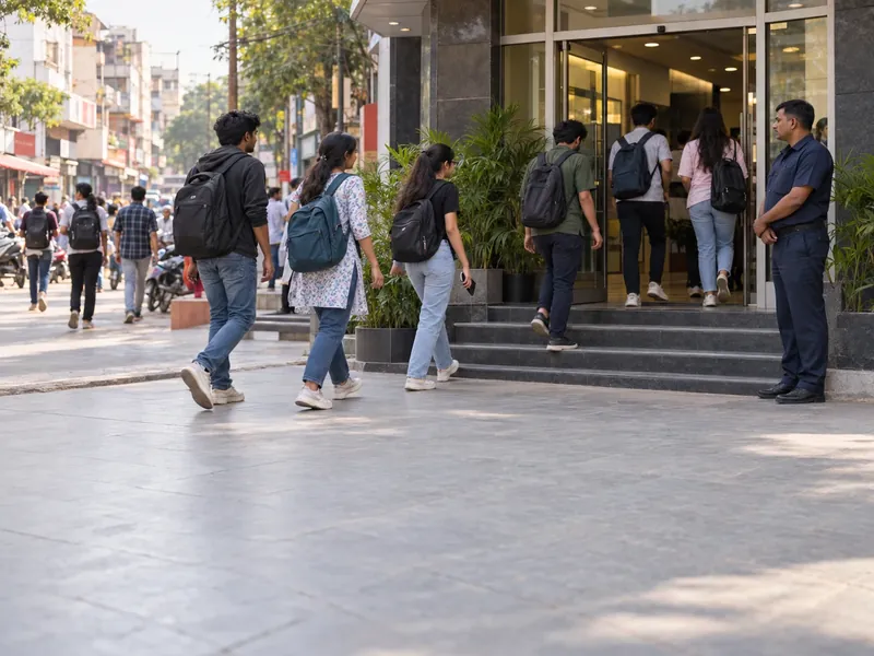 Students with backpacks walking up the steps into a coaching institute building on a city street while a guard stands by