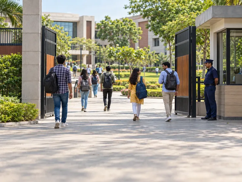 Young adults with backpacks walking through the open gate of a landscaped college campus past a guard cabin