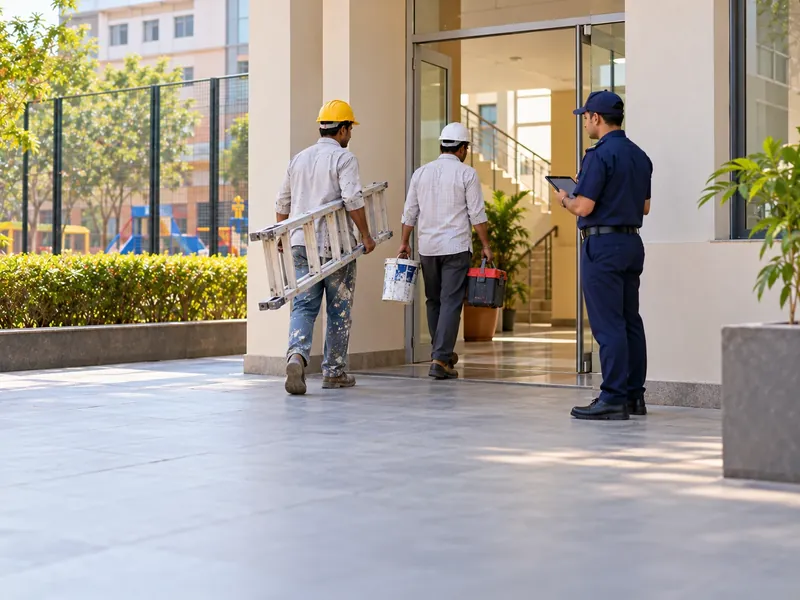 Painters with a ladder and paint cans entering a school building while a guard with a tablet watches