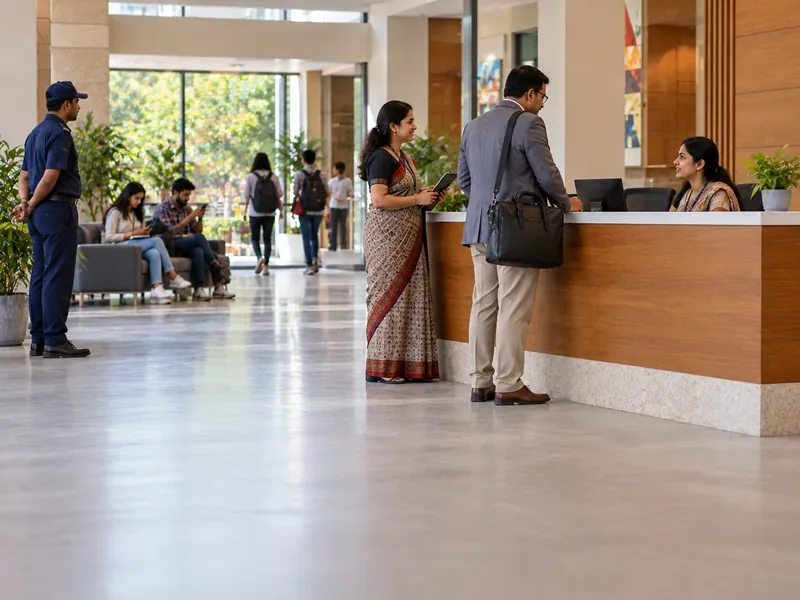 A teacher and a parent at a school front office desk while a guard stands nearby and students sit in the lobby