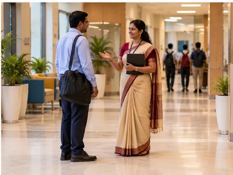A faculty member in a saree welcoming a guest speaker with a laptop bag in a college corridor