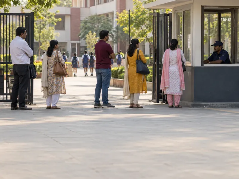 Parents waiting in a line at a school gate cabin while students walk in the distance