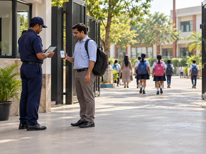 A guard scanning a QR code on a visitor's phone with a tablet at a school gate while students walk in the distance