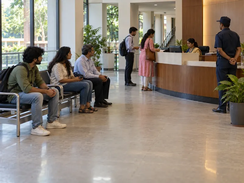 Visitors waiting on chairs at a university administration reception while a guard stands near the desk
