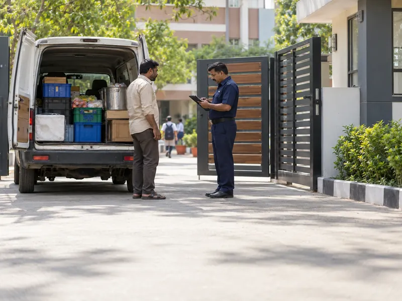 A guard with a tablet checking a canteen supplier at the open rear doors of a delivery van at a school gate