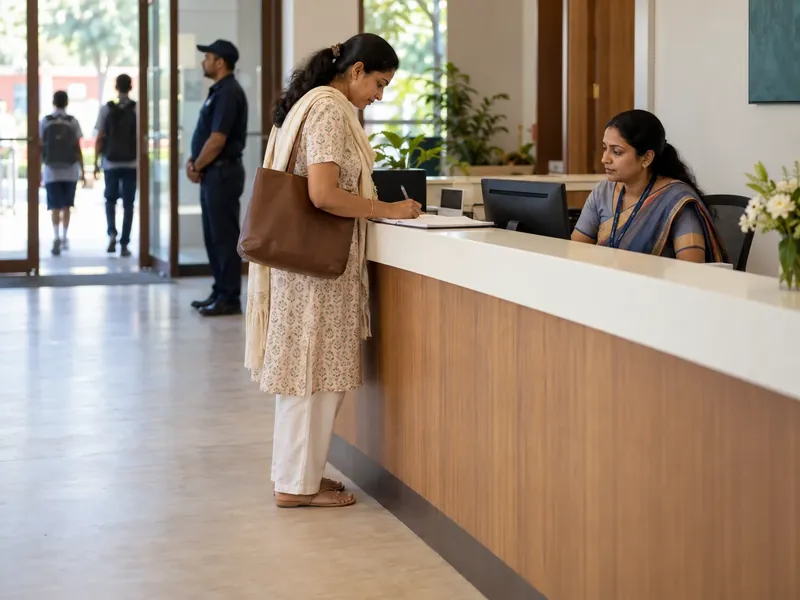 A parent signing a register at a school reception desk while the receptionist looks up the appointment